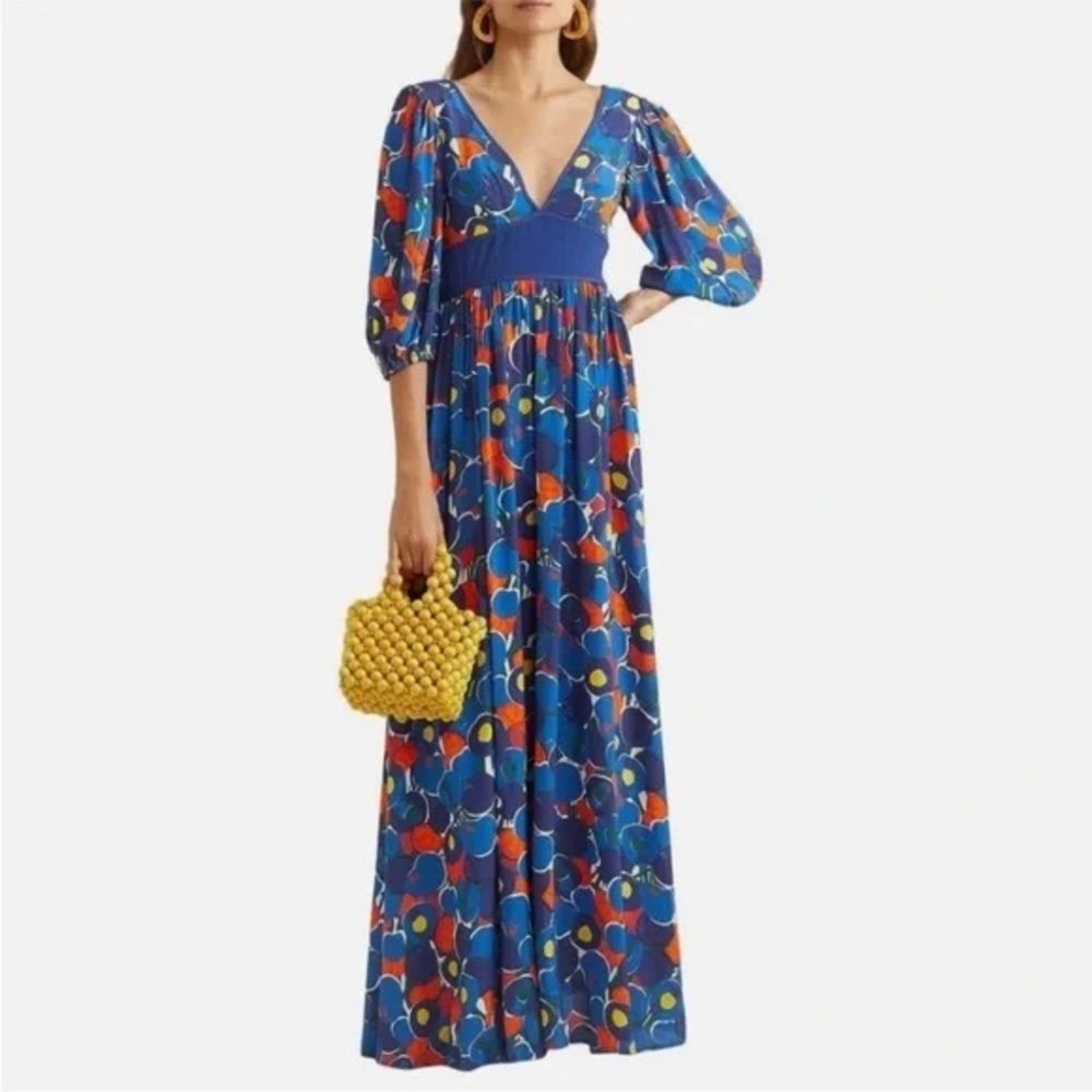 NEW STAUD Affogato Blue Floral Patchwork‎ Maxi Summer Dress Half Sleeve Size 0